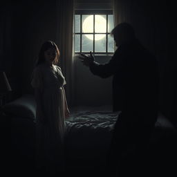 A cinematic scene in a dark, moody bedroom at night, illustrating a tense standoff between a man and a woman