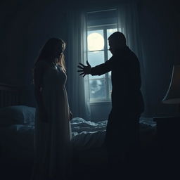 A cinematic scene in a dark, moody bedroom at night, illustrating a tense standoff between a man and a woman