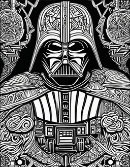 Star Wars-themed adult coloring page featuring Darth Vader in intricate geometric patterns surrounded by elements from the Star Wars universe