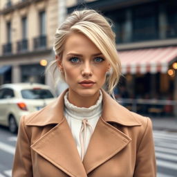A 35-year-old woman with light blonde hair and vibrant blue eyes, styled similarly to Léa Seydoux