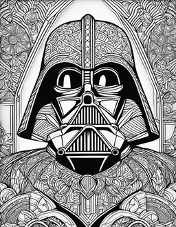 Star Wars-themed adult coloring page featuring Darth Vader in intricate geometric patterns surrounded by elements from the Star Wars universe