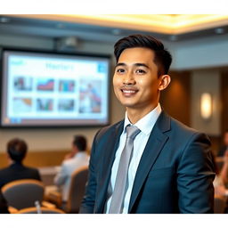 A handsome Indonesian man with short hair confidently delivering a presentation