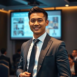 A handsome Indonesian man with short hair confidently delivering a presentation