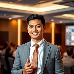 A handsome Indonesian man with short hair confidently delivering a presentation