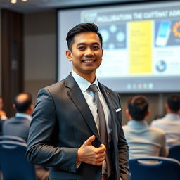 A handsome Indonesian man with short hair confidently delivering a presentation