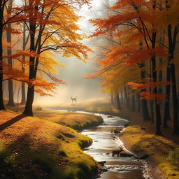 A serene and tranquil forest during early autumn, with trees displaying vibrant shades of orange, yellow, and red leaves