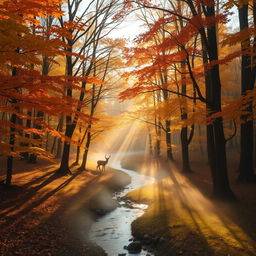 A serene and tranquil forest during early autumn, with trees displaying vibrant shades of orange, yellow, and red leaves