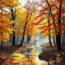 A serene and tranquil forest during early autumn, with trees displaying vibrant shades of orange, yellow, and red leaves