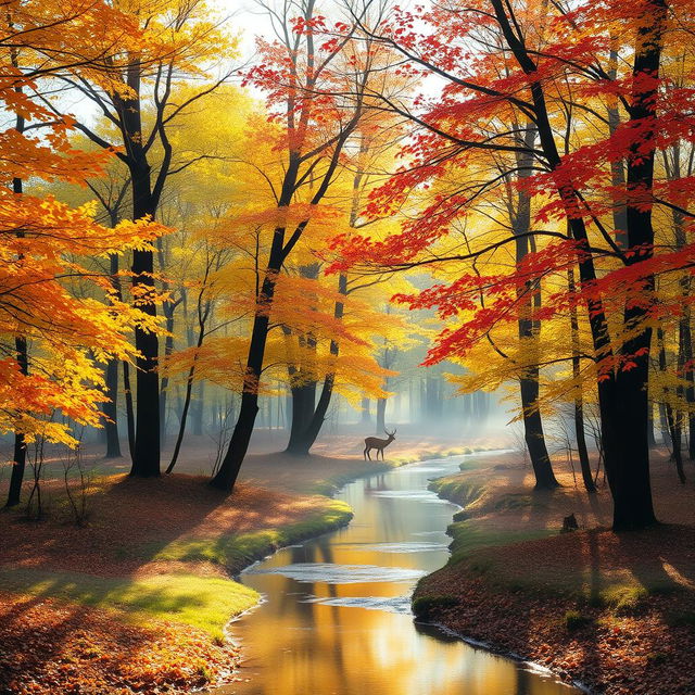 A serene and tranquil forest during early autumn, with trees displaying vibrant shades of orange, yellow, and red leaves