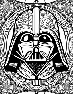 Star Wars-themed adult coloring page featuring Darth Vader in intricate geometric patterns surrounded by elements from the Star Wars universe