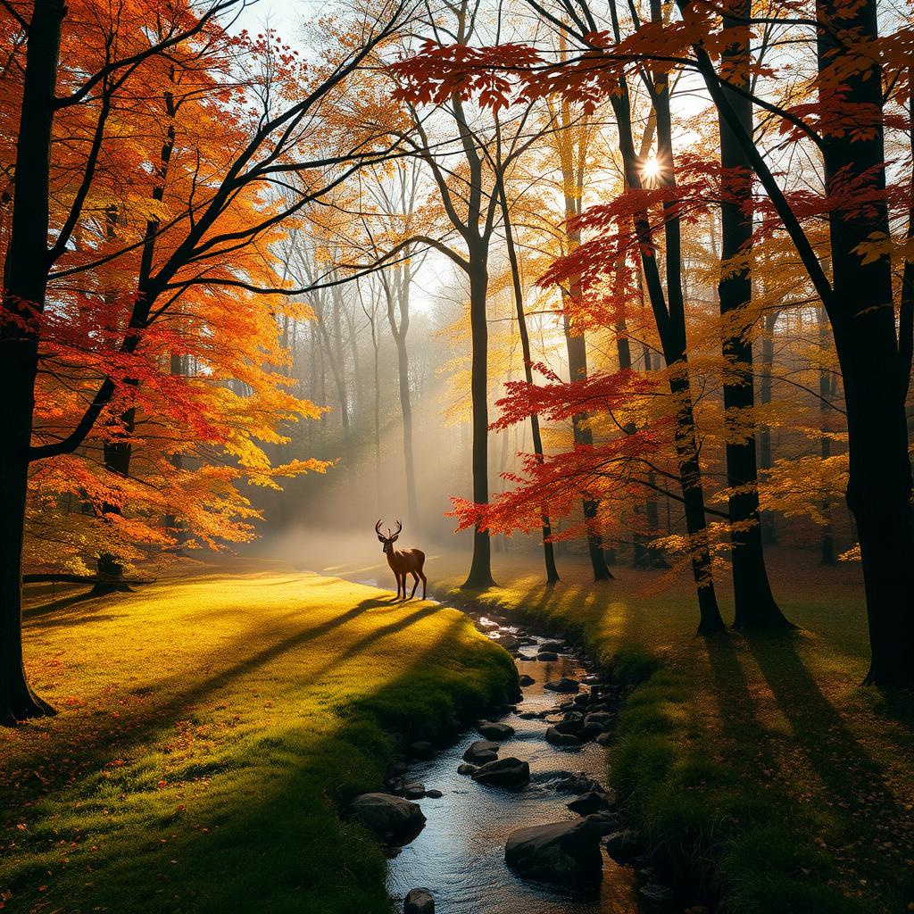 A serene and tranquil forest during early autumn, with trees displaying vibrant shades of orange, yellow, and red leaves