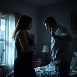 A dramatic and tense scene set in a dimly lit bedroom, where a woman stands defensively, portraying resilience and fear