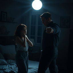 A dramatic and tense scene set in a dimly lit bedroom, where a woman stands defensively, portraying resilience and fear
