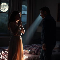 A dramatic and tense scene set in a dimly lit bedroom, where a woman stands defensively, portraying resilience and fear