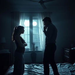 A dramatic and tense scene set in a dimly lit bedroom, where a woman stands defensively, portraying resilience and fear