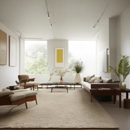 Visualize a cozy yet modern living room, furnished with minimalist furniture, a plush area rug, soft ambient lighting, plants for a touch of greenery, and accented with tasteful artwork.