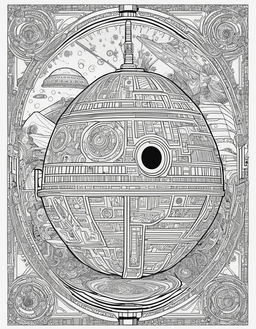 Adult coloring page featuring intricate designs of Star Wars motifs including Millennium Falcon, TIE fighters, Death Star, Stormtroopers, droids, and Jedi symbols