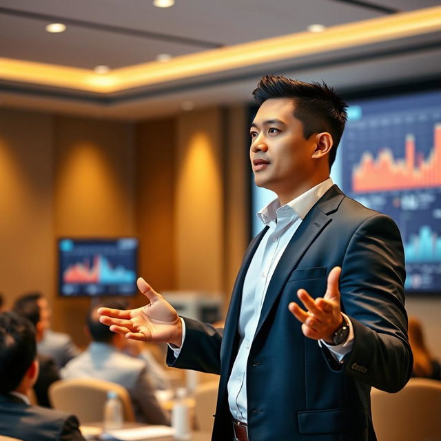 A handsome Indonesian man with a short crew cut hairstyle confidently delivering a presentation