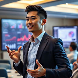 A handsome Indonesian man with a short crew cut hairstyle confidently delivering a presentation