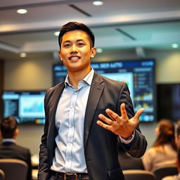 A handsome Indonesian man with a short crew cut hairstyle confidently delivering a presentation