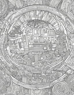 Adult coloring page featuring intricate designs of Star Wars motifs including Millennium Falcon, TIE fighters, Death Star, Stormtroopers, droids, and Jedi symbols