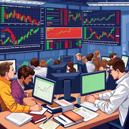 A visually striking illustration of trading styles in the forex market, featuring detailed candlestick charts, line graphs, and indicators like Moving Averages and RSI