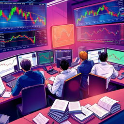 A visually striking illustration of trading styles in the forex market, featuring detailed candlestick charts, line graphs, and indicators like Moving Averages and RSI