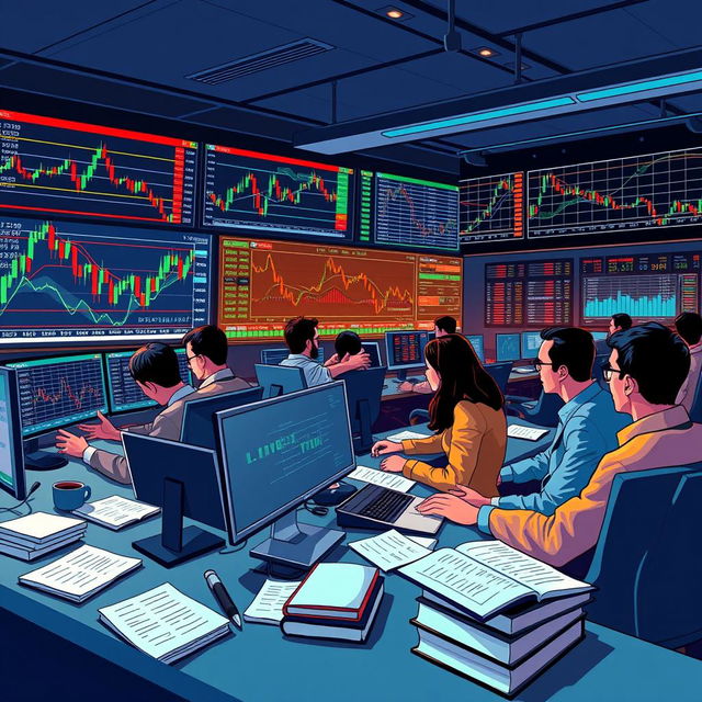 A visually striking illustration of trading styles in the forex market, featuring detailed candlestick charts, line graphs, and indicators like Moving Averages and RSI