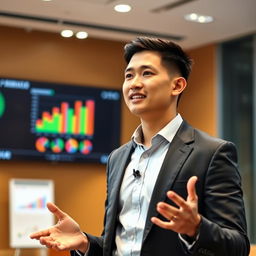 A handsome Indonesian man with a short crew cut hairstyle confidently delivering a presentation