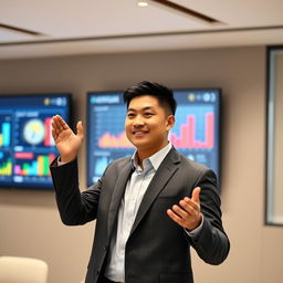A handsome Indonesian man with a short crew cut hairstyle confidently delivering a presentation