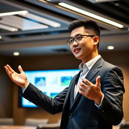 A handsome Indonesian man with a short crew cut hairstyle confidently delivering a presentation