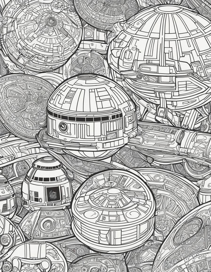 Adult coloring page featuring intricate designs of Star Wars motifs including Millennium Falcon, TIE fighters, Death Star, Stormtroopers, droids, and Jedi symbols