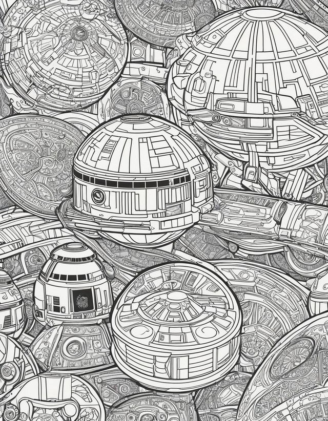 Adult coloring page featuring intricate designs of Star Wars motifs including Millennium Falcon, TIE fighters, Death Star, Stormtroopers, droids, and Jedi symbols