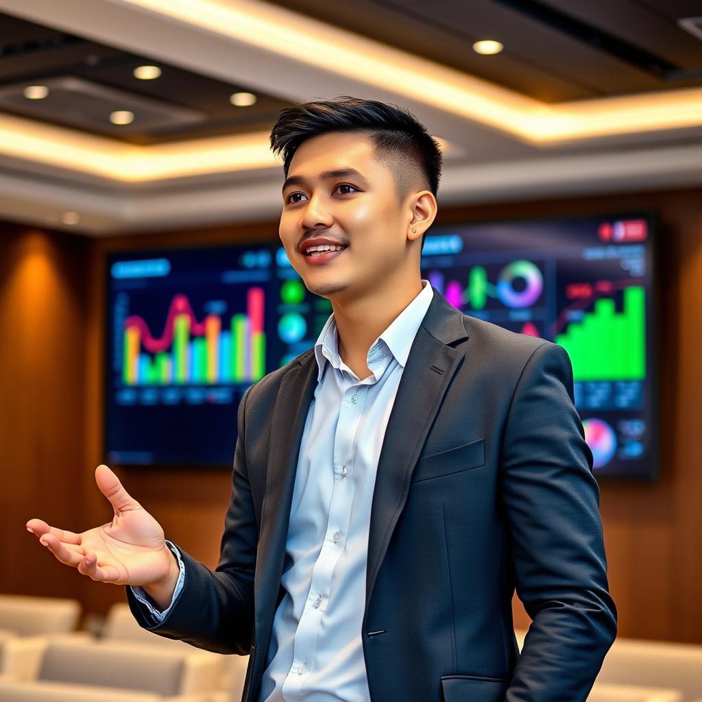 A handsome Indonesian man with a short crew cut hairstyle confidently delivering a presentation