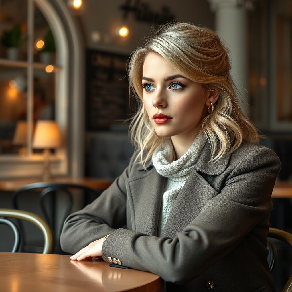 A 35-year-old woman resembling Léa Seydoux, seated at a cafe table