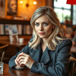 A 35-year-old woman resembling Léa Seydoux, seated at a cafe table