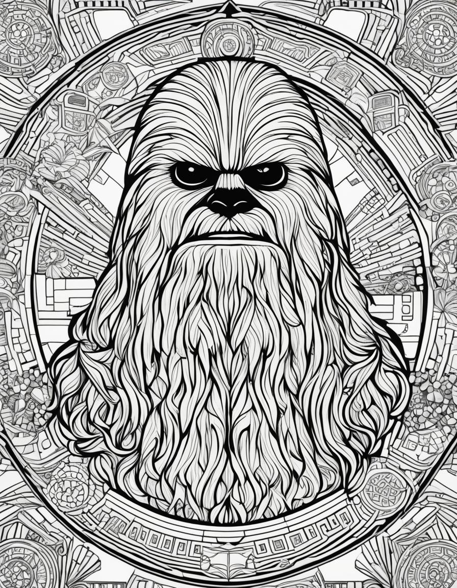 Star Wars-themed coloring page featuring Chewbacca in intricate geometric patterns surrounded by elements from the Star Wars universe