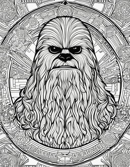 Star Wars-themed coloring page featuring Chewbacca in intricate geometric patterns surrounded by elements from the Star Wars universe