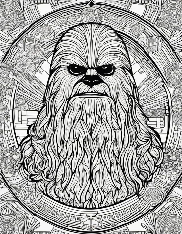 Star Wars-themed coloring page featuring Chewbacca in intricate geometric patterns surrounded by elements from the Star Wars universe