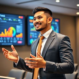 A handsome Indonesian man with a short crew cut hairstyle and a well-groomed beard confidently delivering a presentation