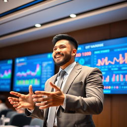A handsome Indonesian man with a short crew cut hairstyle and a well-groomed beard confidently delivering a presentation
