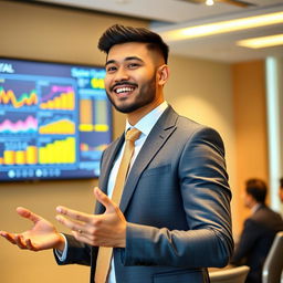 A handsome Indonesian man with a short crew cut hairstyle and a well-groomed beard confidently delivering a presentation