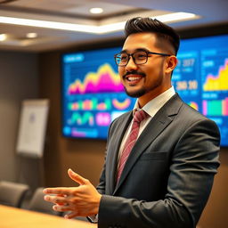 A handsome Indonesian man with a short crew cut hairstyle and a well-groomed beard confidently delivering a presentation