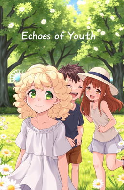 A captivating scene titled 'Echoes of Youth' featuring four young characters: two boys and two girls