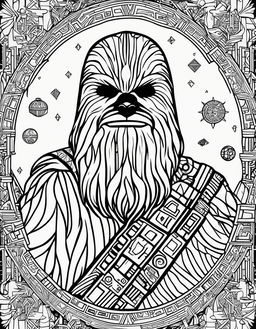 Star Wars-themed coloring page featuring Chewbacca in intricate geometric patterns surrounded by elements from the Star Wars universe