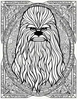 Star Wars-themed coloring page featuring Chewbacca in intricate geometric patterns surrounded by elements from the Star Wars universe