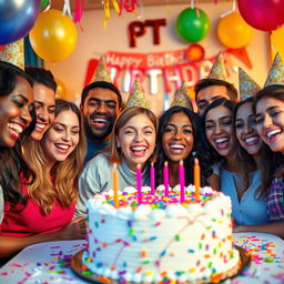 A joyful birthday celebration scene featuring a beautifully decorated birthday cake with colorful frosting, surrounded by festive balloons and confetti
