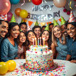 A joyful birthday celebration scene featuring a beautifully decorated birthday cake with colorful frosting, surrounded by festive balloons and confetti