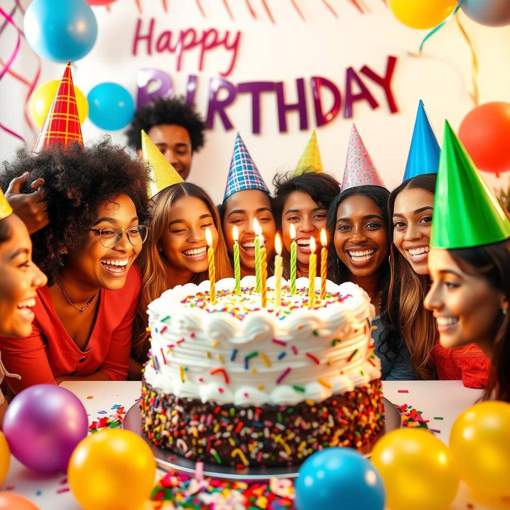 A joyful birthday celebration scene featuring a beautifully decorated birthday cake with colorful frosting, surrounded by festive balloons and confetti