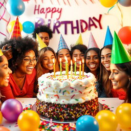 A joyful birthday celebration scene featuring a beautifully decorated birthday cake with colorful frosting, surrounded by festive balloons and confetti